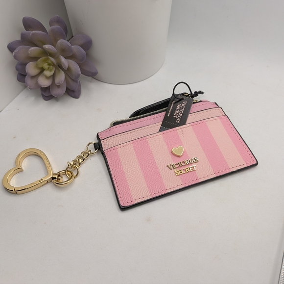 Victoria's Secret Accessories - Victoria's Secret Pink Stripe Cardholder with Gold Heart Keyring